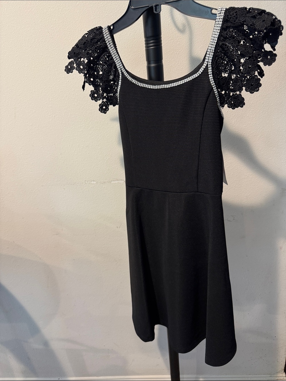Bonnie Jean Black Dress with Crochet Cap Sleeves and Rhinestone Neckline
